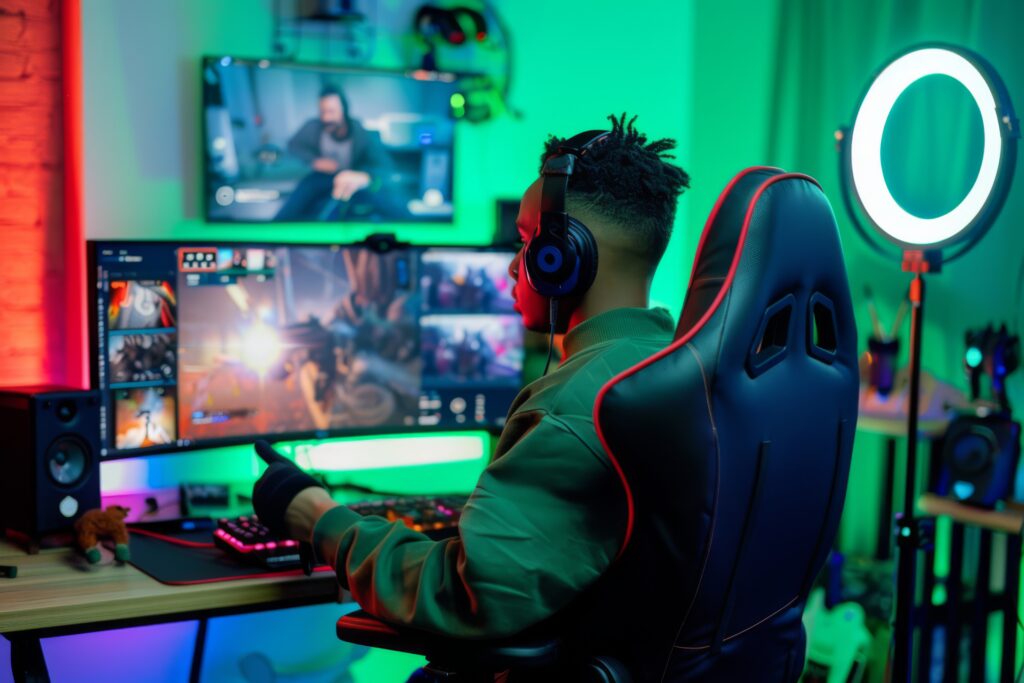 young-gamer-engaged-exciting-streaming-session-hightech-gaming-room-night